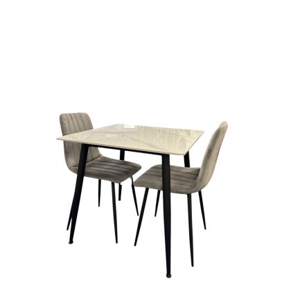 Maya Square Dining Table and 2 x Leon Velvet Grey Dining Chairs