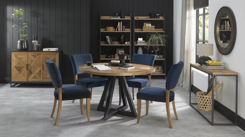 Bentley Design Invictus Circular Dining Table Set (Upholstered Blue Chairs)