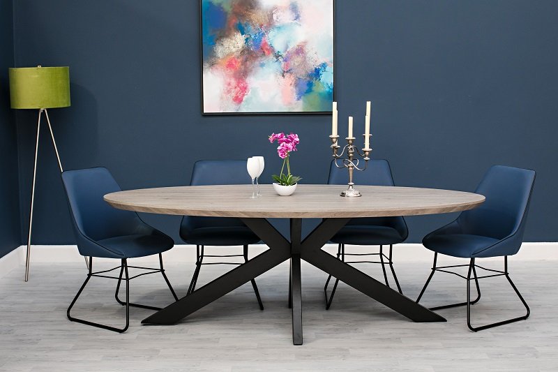 Miranda Oval Table 2.2m with Blue Crystal Chairs