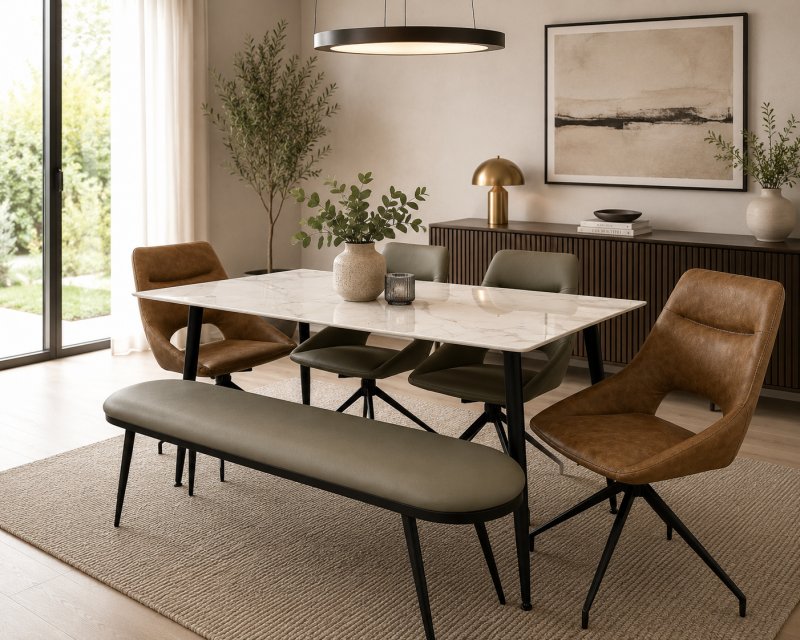 Alia 1.6m White Table with Bench & 4 Dining Chairs